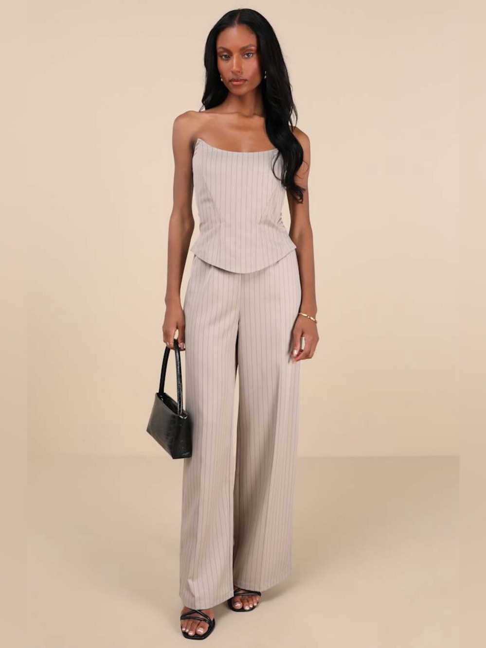 Lulus Polished Charisma Taupe Pinstriped Strapless Jumpsuit Size Large $79